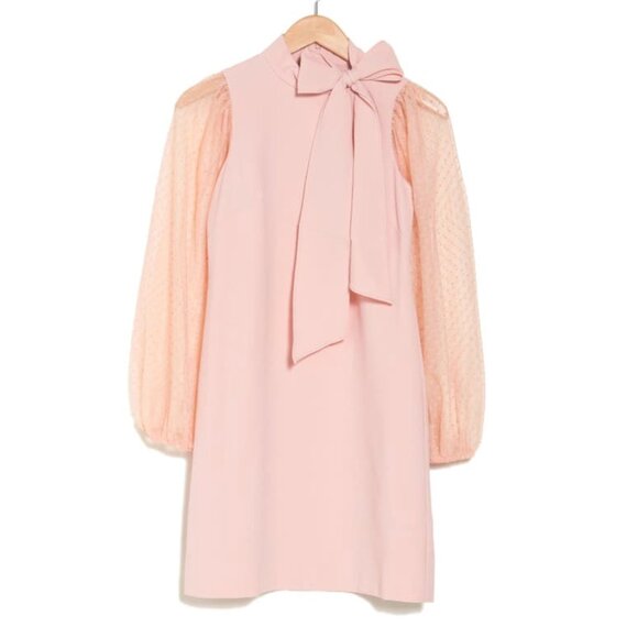 VINCE CAMUTO Mesh Dot Sleeve Knee Length Shift Dress Bow Neck Blush Pink Party - Picture 3 of 16